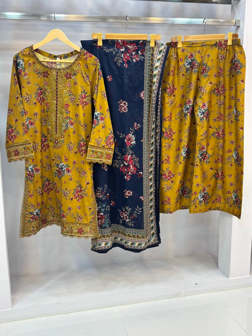 Golden Petals mustard floral printed lawn embroidered 3-piece suit with navy dupatta